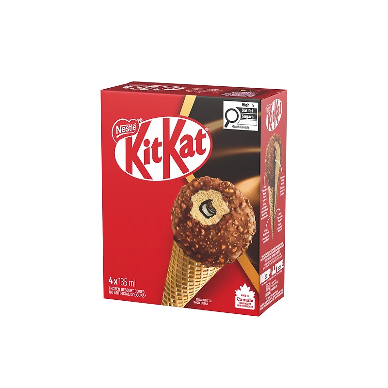 KITKAT Cornets, dessert glacé à saveur de gaufrettes, centre au fondant, enrobage chocolaté croustillant, cornet gaufre 4 x 135 ml