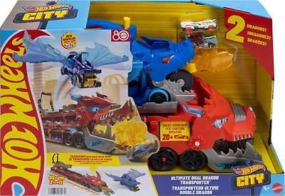 Hot Wheels City Hot Wheels Ultimate Dual Dragon Transporter & 2 1:64 Scale Toy Cars