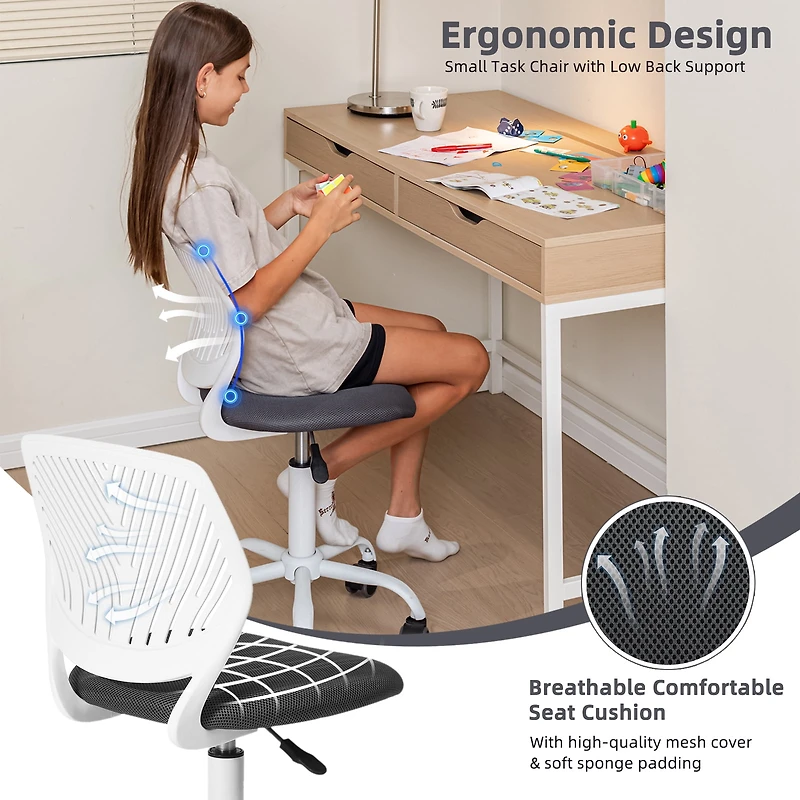 Chaise de bureau ergonomique pour enfant Homy Casa avec roulettes pivotantes et réglables en hauteur, structure robuste, tissu en maille noire