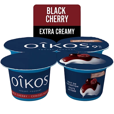 Oikos Yogourt Grec, Extra Crémeux, saveur Cerise Noir, 9% M.G., Fruits au fond 4 x 95 g