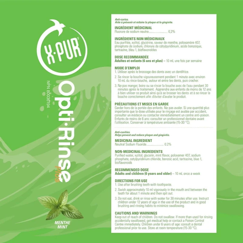 X-PUR Opti-Rinse Plus Mouth Wash Mint Flavour with 0.2% Sodium Fluoride, Alcohol Free, 10% Xylitol