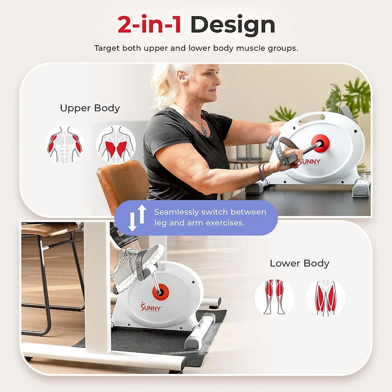 Sunny Health & Fitness Mini Pédalier Intelligent Sous le Bureau, Vélo d'Exercice à Double Fonction avec Conception à Profil Bas - SF-B023005WHT