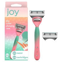 rasoir joy qui change de couleur pour femmes, trousse de rasage avec 1 manche + 2 cartouches de rechange