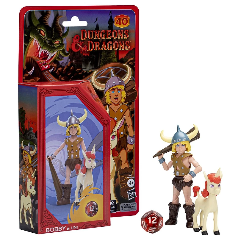 Dungeons & Dragons Cartoon Classics, pack de 2 figurines de 15 cm Bobby & Uni, dessin animé des années 80, inclut d12 D&D exclusif