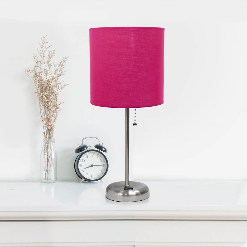 LimeLights Brushed Steel Stick Lamp with Charging Outlet and Fabric Shade 2 Pack Set