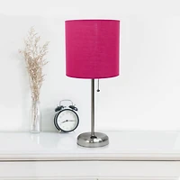 LimeLights Brushed Steel Stick Lamp with Charging Outlet and Fabric Shade 2 Pack Set