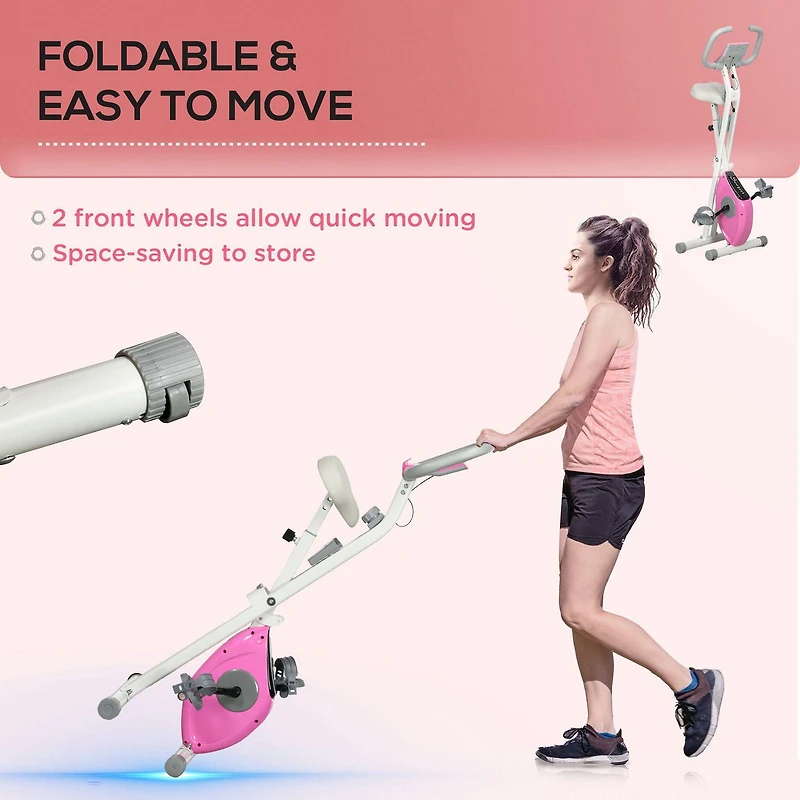 Soozier vélo d'exercice pliable avec résistance magnétique à 8 niveaux, rose