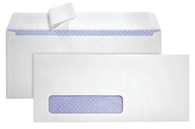 Enveloppes d’affaires Quality Park à fenêtre unique et à teinte de sécurité de 24 lb avec rabat autoscellant pelez-et-scellez tissées en blanc