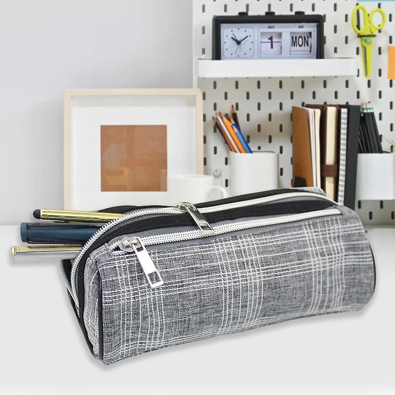 Pen+Gear Checked Pencil Pouch in Grey with White Stitched Pattern