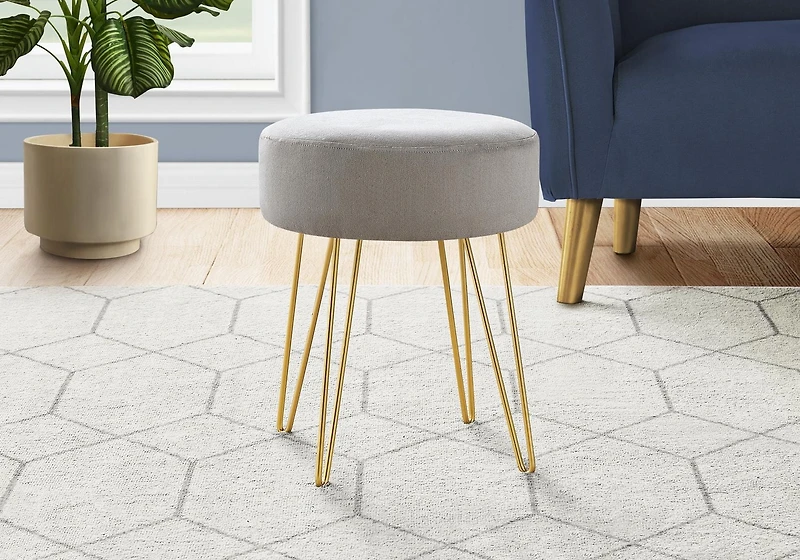 Monarch Specialties Ottoman, Pouf, Footrest, Foot Stool, 14" Round, Fabric, Metal Legs, Grey, Gold, Contemporary, Modern
