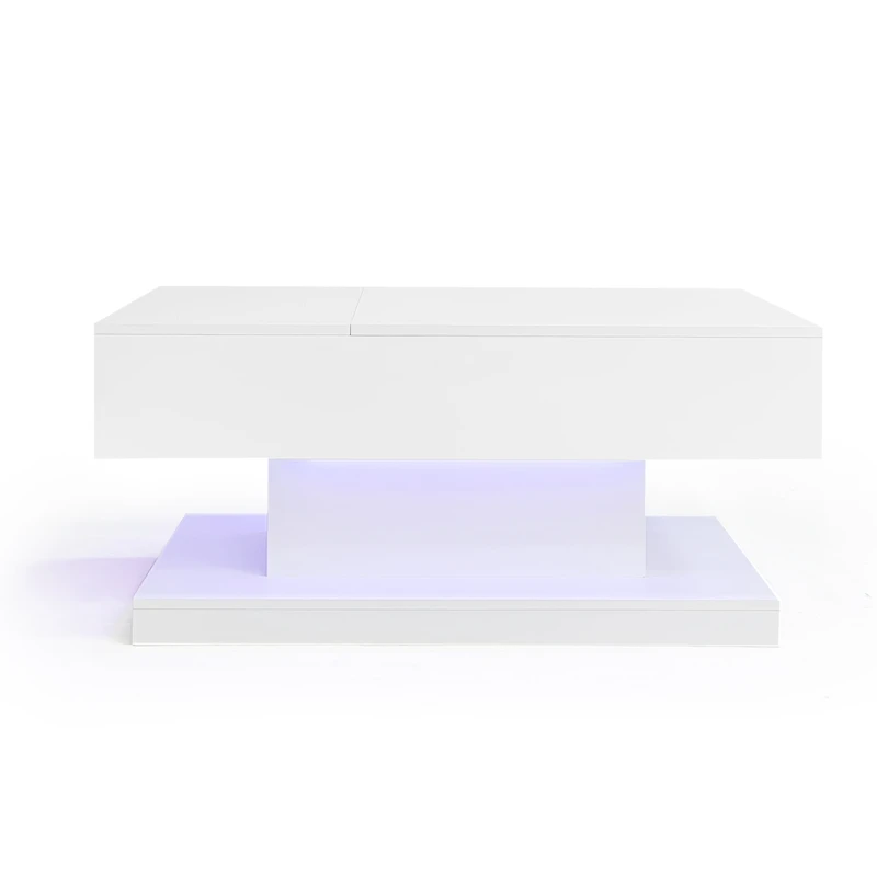 Homy Casa Lift Top LED Coffee Table, High Gloss White, Sliding Top, Storage, Bluetooth App