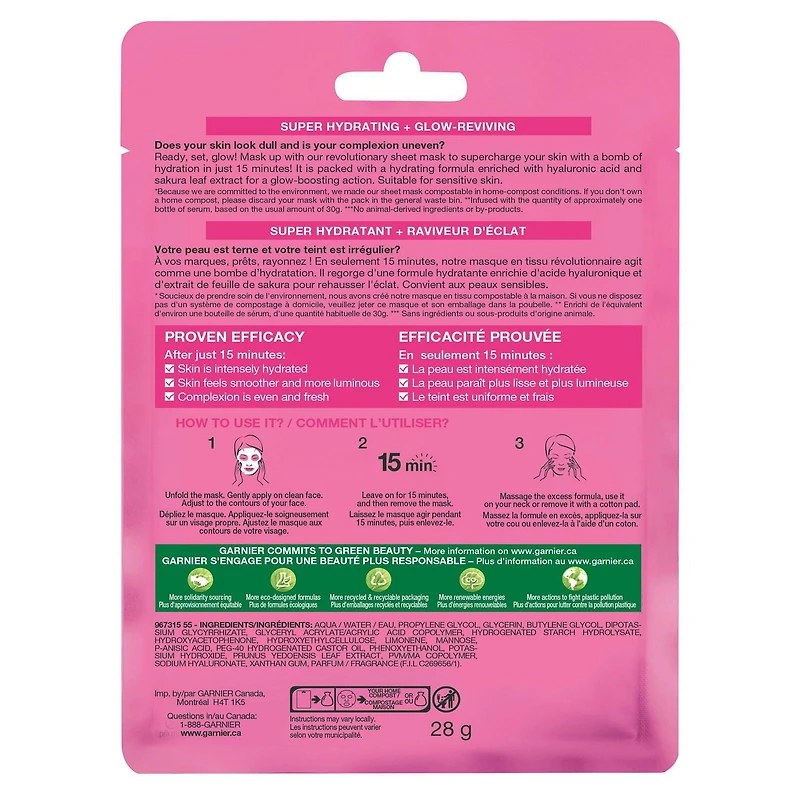 Garnier SkinActive Moisture Bomb Super Hydrating Sheet Mask, With Pomegranate