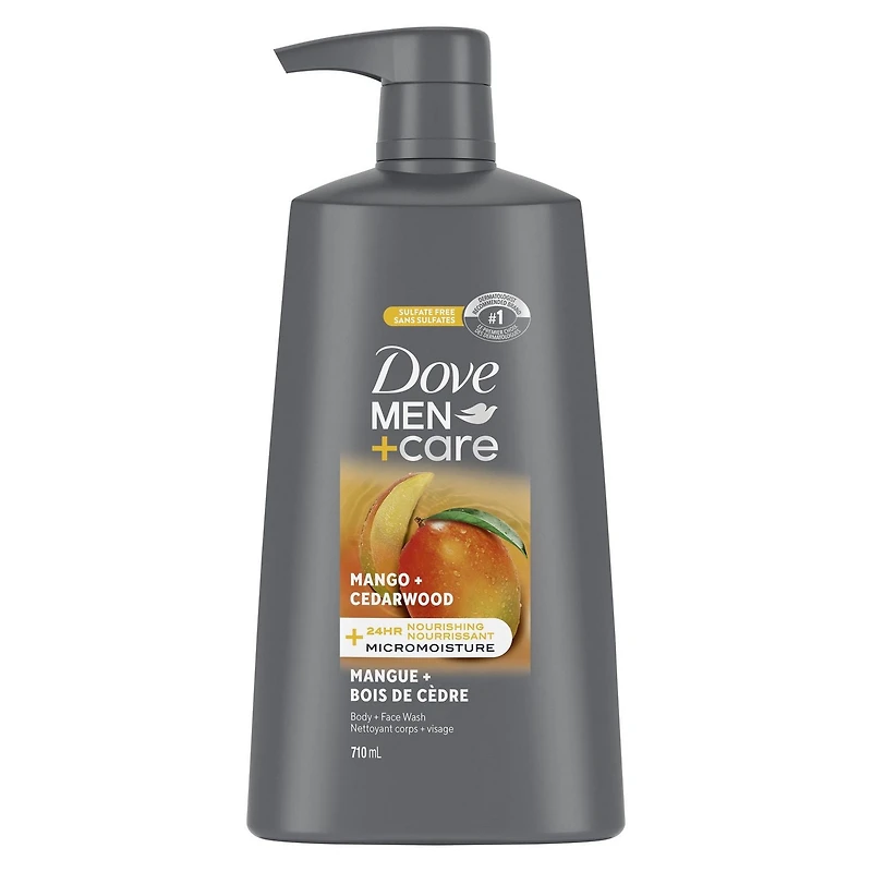Dove Men+Care Rejuvenating Mango + Cedarwood Body and Face Wash for Men, Mango & Cedarwood with 24-Hour Nourishing Micromoisture Technology, with pump, 710mL, 710mL