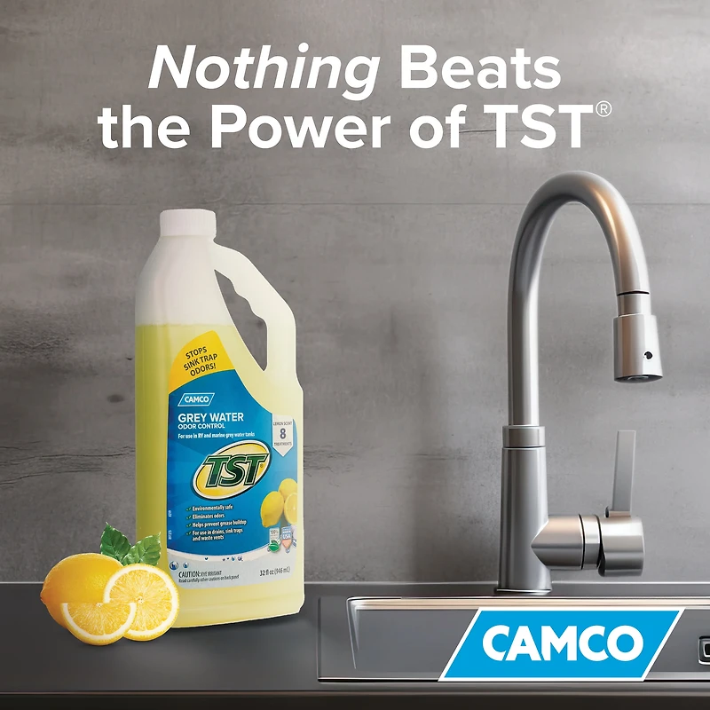 Camco TST RV Grey Water Odor Control – Fresh Lemon Scent, 32-Ounce Bottle (40250), Lemon Scent