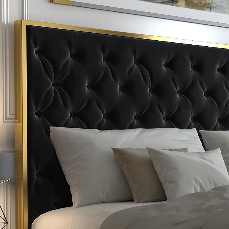 Lit, 60 po Contemporaine en Velours et Métal - Noir et Or