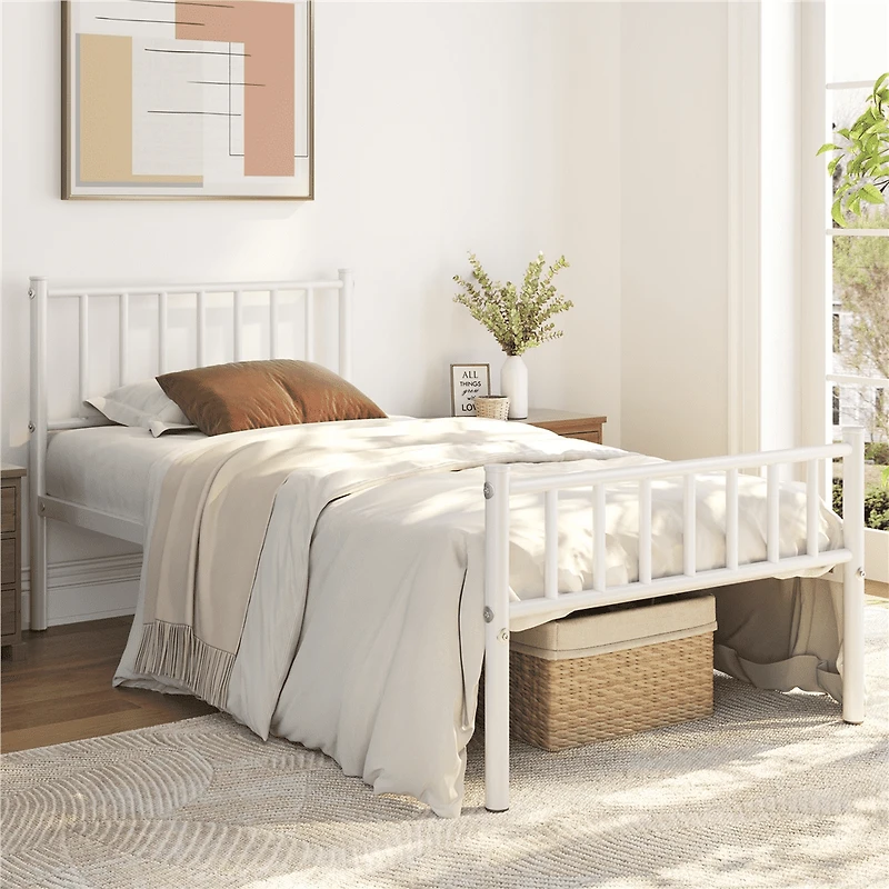 Fullfurnique Minimalist Metal Bed Frame with Vertical Bar Headboard and Footboard, Queen, White