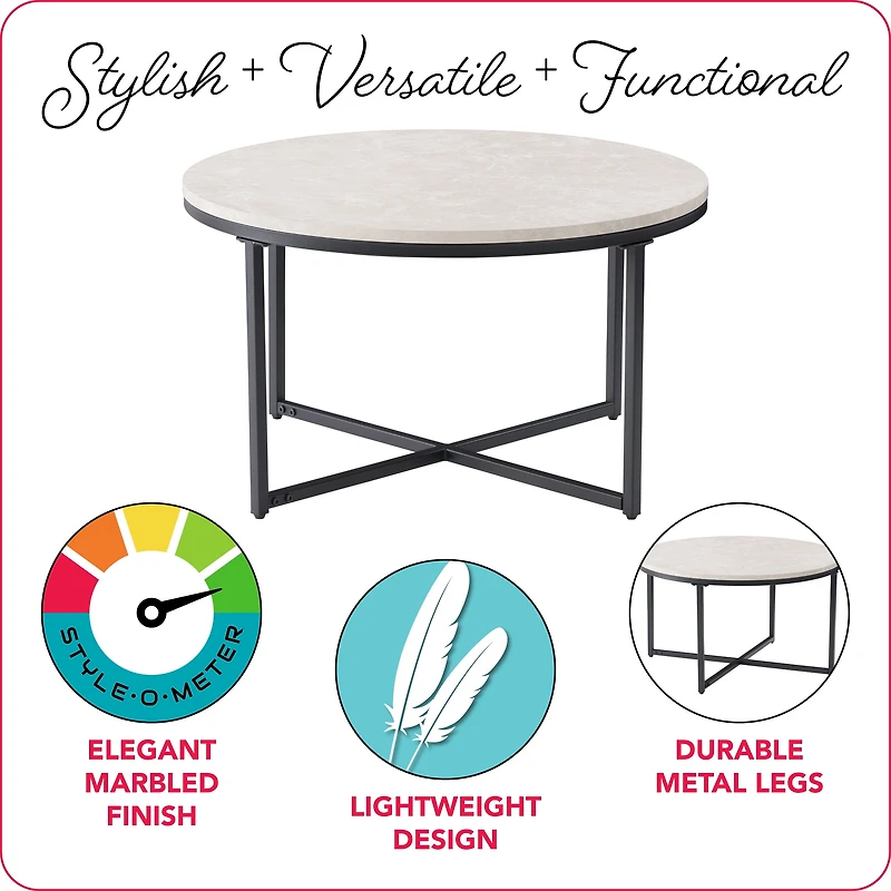 CorLiving Ayla Grey Marbled Indoor Coffee Table with Engineered Wood Top and Black Iron Legs