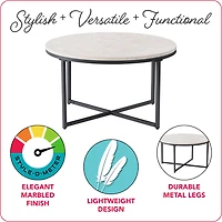 CorLiving Ayla Grey Marbled Indoor Coffee Table with Engineered Wood Top and Black Iron Legs