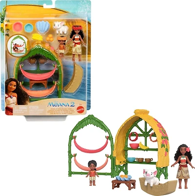 Disney Moana 2 Toys, Moana & Simea Village Home Playset, 2 Small Dolls, Friend Figure & 15 Accessories, Ages 3+