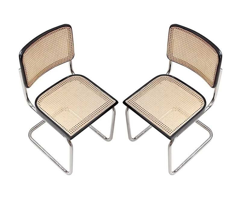 Chaise de salle à manger Buford en noir-naturel, chaise de salle à manger évasée du milieu du siècle, chaise de salle à manger en canne naturelle - Set 2