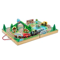 Melissa & Doug Chemin de fer de table en bois de 17 pièces, 3 trains, camion, pièces de jeu, pont - certifié FSC