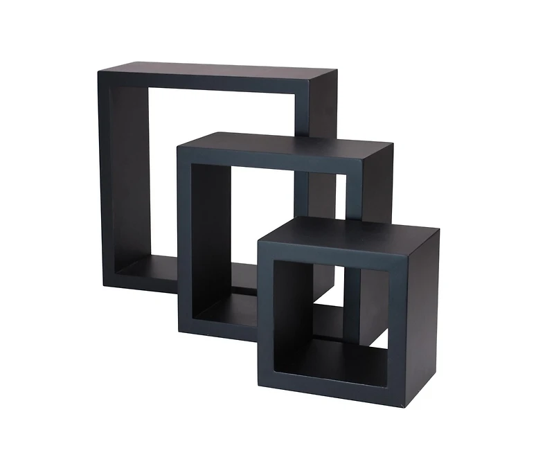 Ens. étagères hometrends cubes muraux en noir Tailles 5 x 5 x 3¾ po, 7 x 7 x 3¾ po, 9 x 9 x 3¾ po