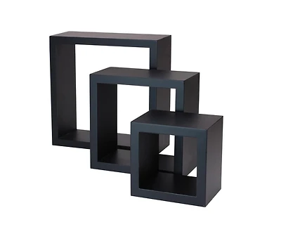 Ens. étagères hometrends cubes muraux en noir Tailles 5 x 5 x 3¾ po, 7 x 7 x 3¾ po, 9 x 9 x 3¾ po