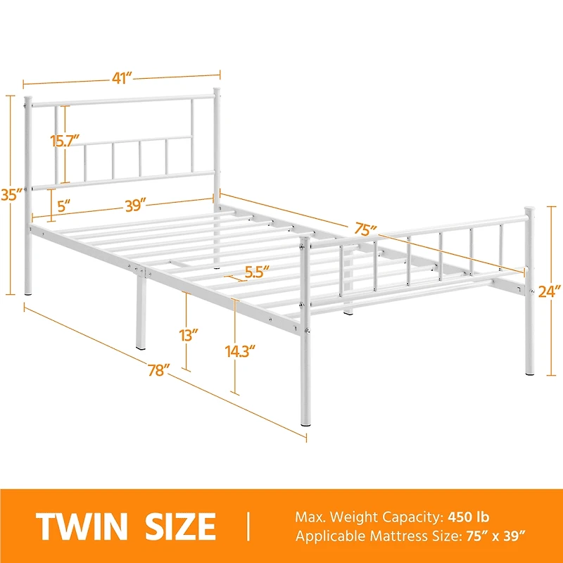 Fullfurnique Metal Platform Bed Frame with Headboard and Footboard, Twin, White
