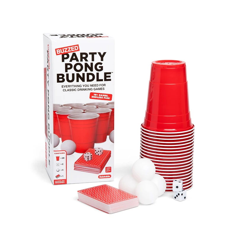 Party Pong Bundle par Buzzed – Kit de jeux à boire pour adultes avec 20 gobelets, 4 balles de ping-pong, 2 dés, un jeu de cartes et instructions pour 10+ jeux Pack de pong de fête