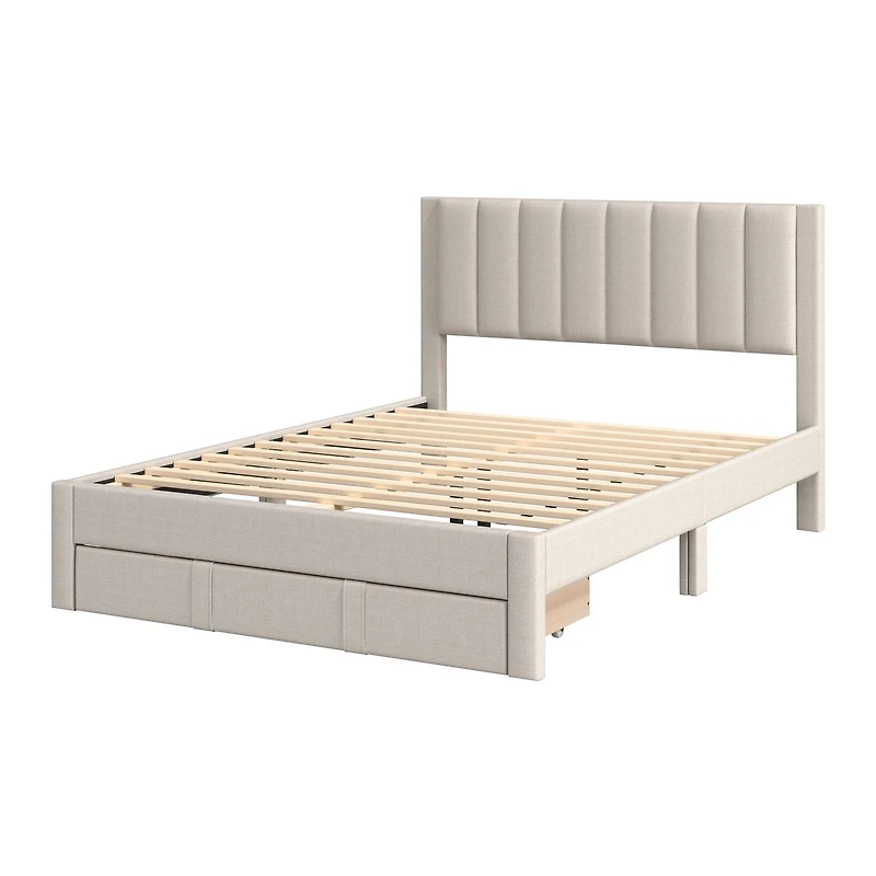 Lit plateforme capitonné et rembourré avec rangement CorLiving Metro Beige en versions double/double, grand et très grand lit
