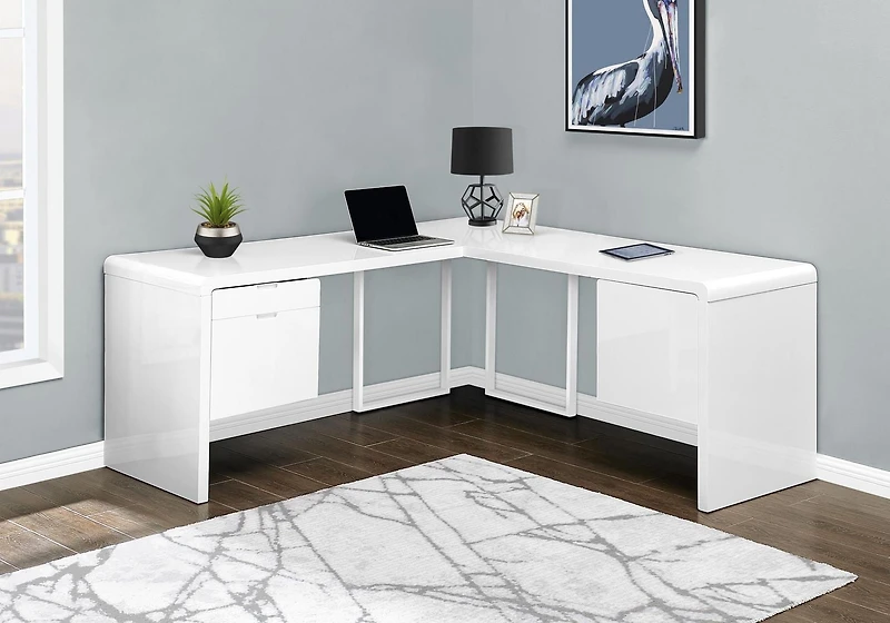 Monarch Specialties Bureau, Bureau À Domicile, Coin, Configuration Gauche, Droite, Tiroirs De Rangement, 72"l, Forme De L, Travail, Ordinateur Portable, Stratifié, Métal, Blanc Lustré, Contemporain, M