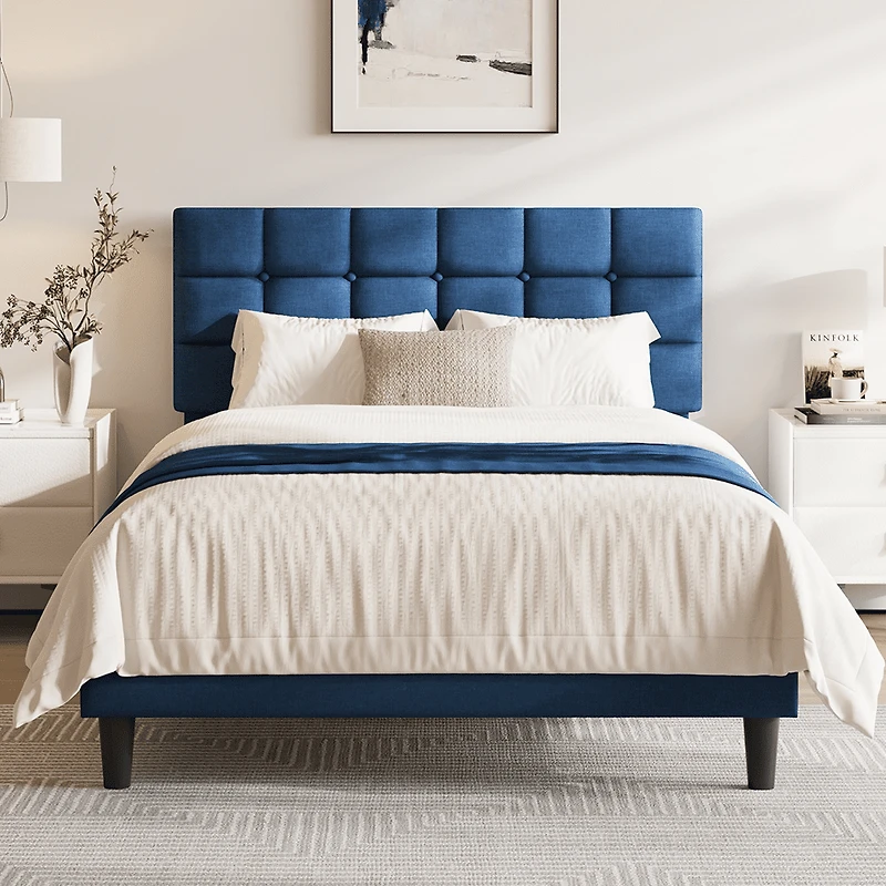 Fullfurnique Upholstered Platform Bed Frame with Square Tufted Headboard, Full, Navy Blue