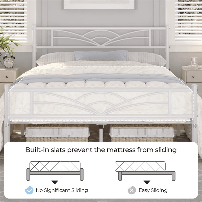 Fullfurnique Metal Platform Bed Frame with Cloud Inspired Design Headboard, Twin, White