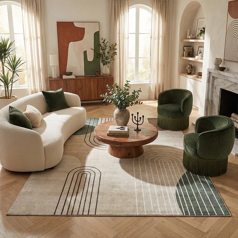 Tapis d'interieur moderne du milieu du siecle Rug Branch Eclipse, beige vert, abstrait - Salon, chambre, salle a manger et bureau