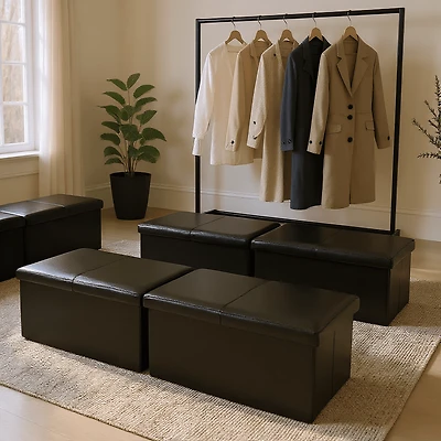 Homy Casa Lot de 4 bancs ottomans de rangement pour chaussures, siège organisateur pliable pour entrée, similicuir noir