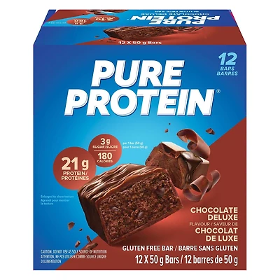 CHOCOLAT DE LUXE, 21 g de protéines, sans gluten, 12 barres de 50 g Nouvelle apparence! Les barres Pure Protein marient une haute teneur en protéines à un goût délicieux. Une combinaison gagnante!