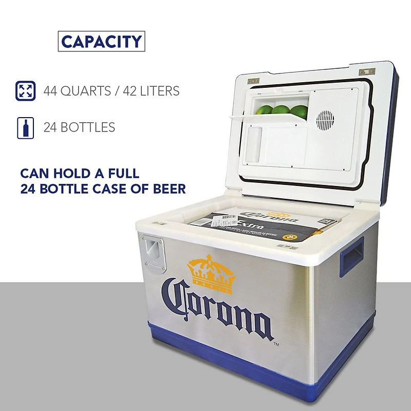 Corona 44-Quart Cruiser Iceless Cooler with Bottle Opener, 12V Travel Fridge, Holds 24 Bottles