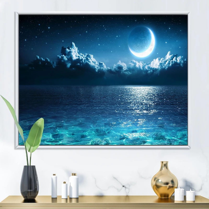 Designart Romantic Moon Over Deep Blue Sea I FLOAT FRAME WALL ART