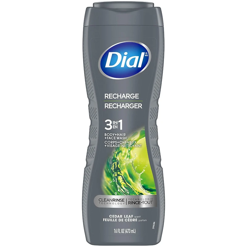 Dial Men Nettoyant 3 en 1 pour le corps, les cheveux et le visage, recharger, parfum feuille de cèdre, 473 ml
