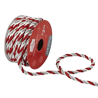 Décoration de vacances rouge, blanc, argent torsadé corde, polyester, 5 yards, idéal pour la décoration, artisanat