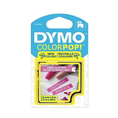 DYMO COLORPOP D1 Tape, Pink Glitter Label with White Type, 1/2in x 10ft