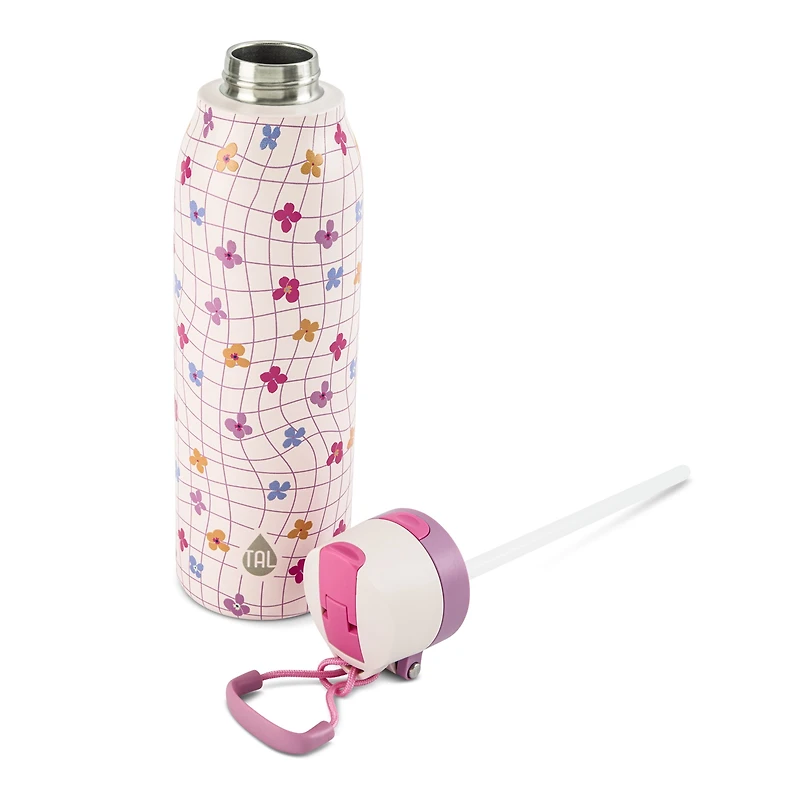Gourde TAL 710 ml en acier inoxydable 2 en 1 avec paille et bouchon à pression, motif de marguerite