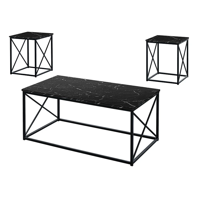 Monarch Specialties Table Set, 3pcs Set, Coffee, End, Side, Accent, Living Room, Metal, Laminate, Black Marble Look, Contemporary, Modern