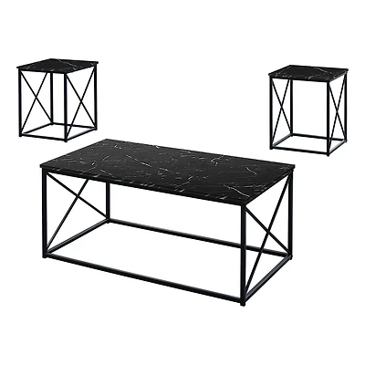 Monarch Specialties Table Set, 3pcs Set, Coffee, End, Side, Accent, Living Room, Metal, Laminate, Black Marble Look, Contemporary, Modern