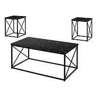 Monarch Specialties Table Set, 3pcs Set, Coffee, End, Side, Accent, Living Room, Metal, Laminate, Black Marble Look, Contemporary, Modern