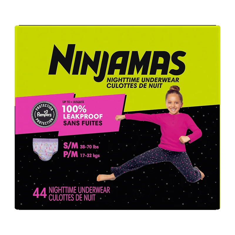 Ninjamas Nighttime Bedwetting Underwear Girl, Sizes S/M - L/XL, 34-44 Count