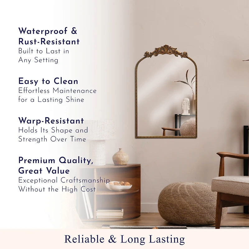 Crystal Art Gallery 20" x 30" Gold Filigree Arch Wall Mirror, With Frame <ul><li>Its classic design complements various interior themes from traditional to contemporary.</li><li>Not just a mirror but a piece of art that enhances the beauty of your space.</li><li>Built to last with high-quality materials ensuring stability and longevity.</li><li>Designed to lean</li></ul>