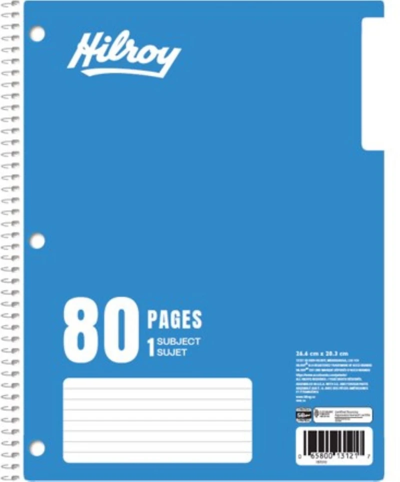 Hilroy Cahier à spirale à 1 sujet avec marge, 3 trous, 10 1/2 po x 8 po, 80 pages Cahier 1 sujet