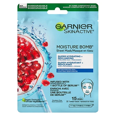 Garnier SkinActive Moisture Bomb Super Hydrating Sheet Mask with Pomegranate, 32 mL, 1 mask