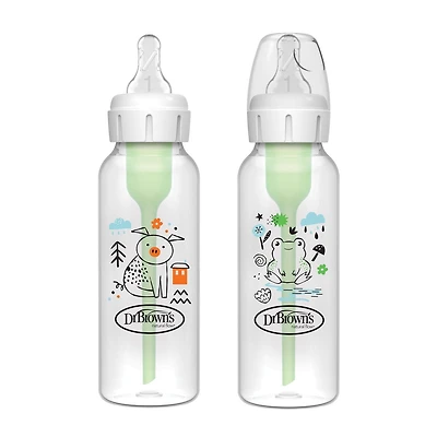 Dr. Brown's Natural Flow Anti-Colic Options+ Narrow Baby Bottle, Pig & Frog, 8 oz/250 ml, with Level 1 Slow Flow Nipple, BPA Free, 0m+, 2-Pack